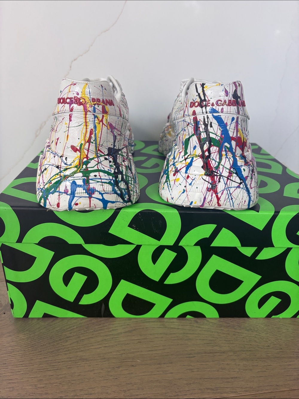 Dolce & Gabbana White Sneakers with Red DG and Multicolor Paint Splatter - Picture 3 of 7